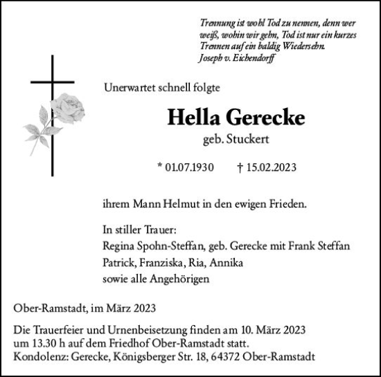 Traueranzeige von Hella Gerecke von Darmstädter Echo