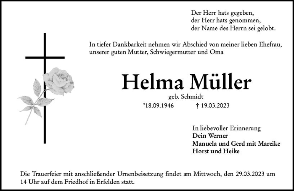  Traueranzeige für Helma Müller vom 25.03.2023 aus Groß-Gerauer Echo