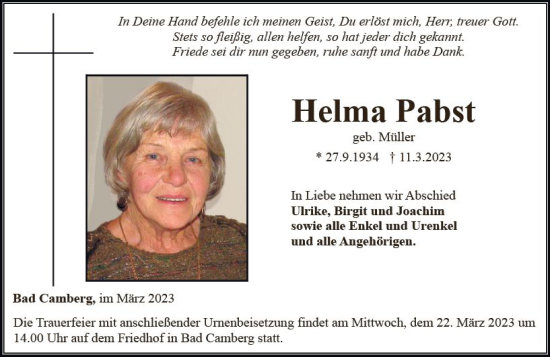 Traueranzeige von Helma Pabst von Camberger Anzeiger