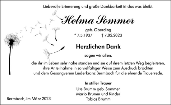 Traueranzeige von Helma Sommer von Weilburger Tageblatt