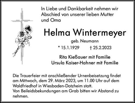 Traueranzeige von Helma Wintermeyer von Wiesbadener Kurier