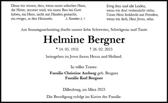 Traueranzeige von Helmine Bergner von Dill Block