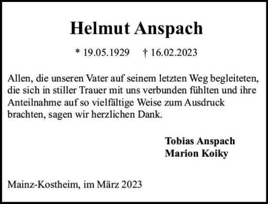 Traueranzeige von Helmut Anspach von Allgemeine Zeitung Mainz