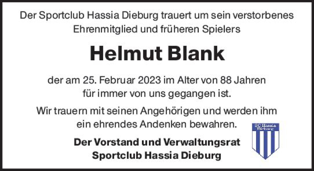  Traueranzeige für Helmut Blank vom 25.03.2023 aus Dieburger Anzeiger/Groß-Zimmerner Lokal-Anzeiger
