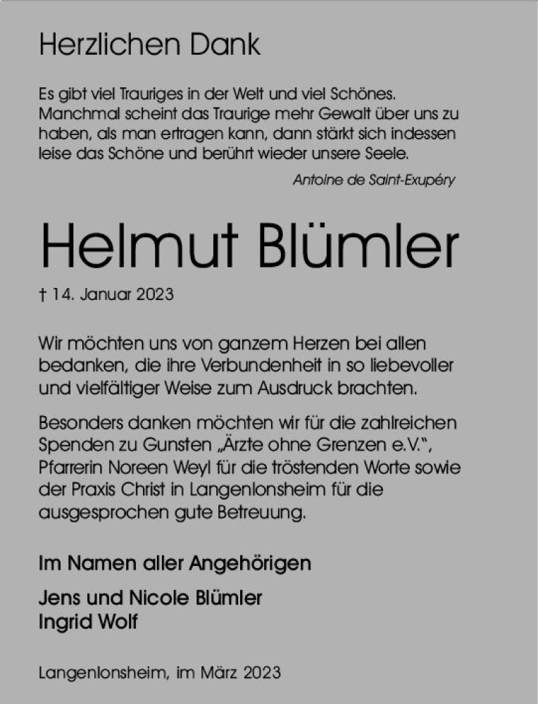  Traueranzeige für Helmut Blümler vom 25.03.2023 aus Allgemeine Zeitung Bingen/Ingelheim
