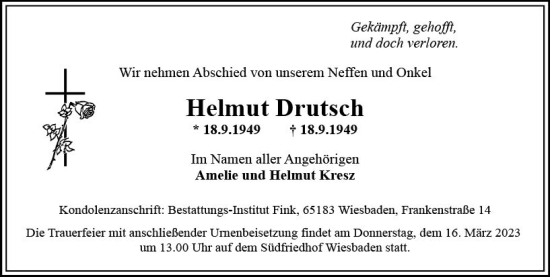 Traueranzeige von Helmut Drutsch von Wiesbadener Kurier
