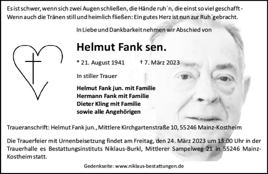 Traueranzeige von Helmut Fank von Allgemeine Zeitung Mainz