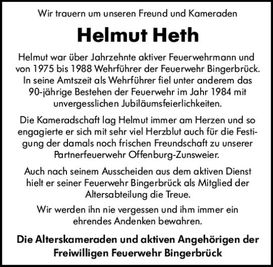 Traueranzeige von Helmut Heth von Allgemeine Zeitung Bingen/Ingelheim