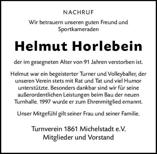 Traueranzeige von Helmut Horlebein von Odenwälder Echo