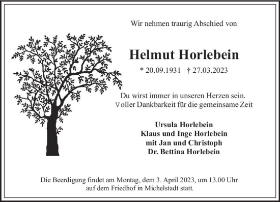 Traueranzeige von Helmut Horlebein von Odenwälder Echo