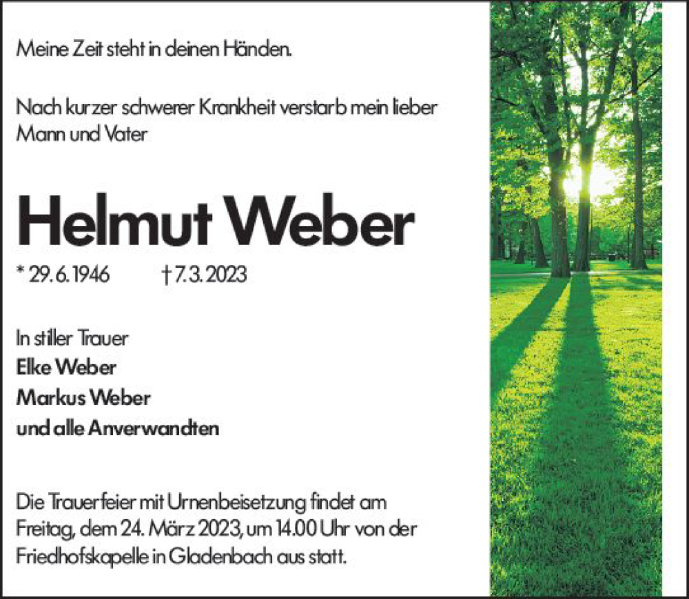  Traueranzeige für Helmut Weber vom 22.03.2023 aus Hinterländer Anzeiger