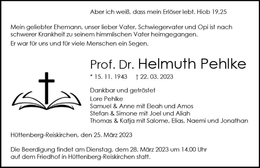  Traueranzeige für Helmuth Pehlke vom 25.03.2023 aus Wetzlarer Neue Zeitung