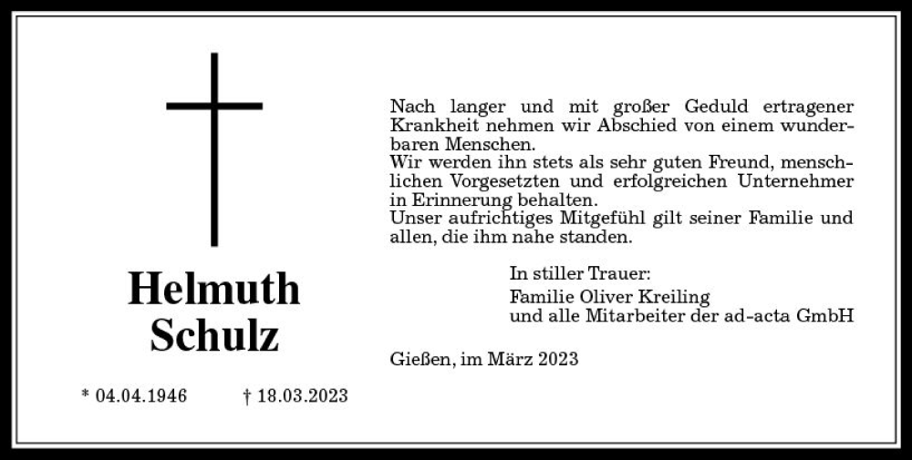  Traueranzeige für Helmuth Schulz vom 25.03.2023 aus Wetzlarer Neue Zeitung