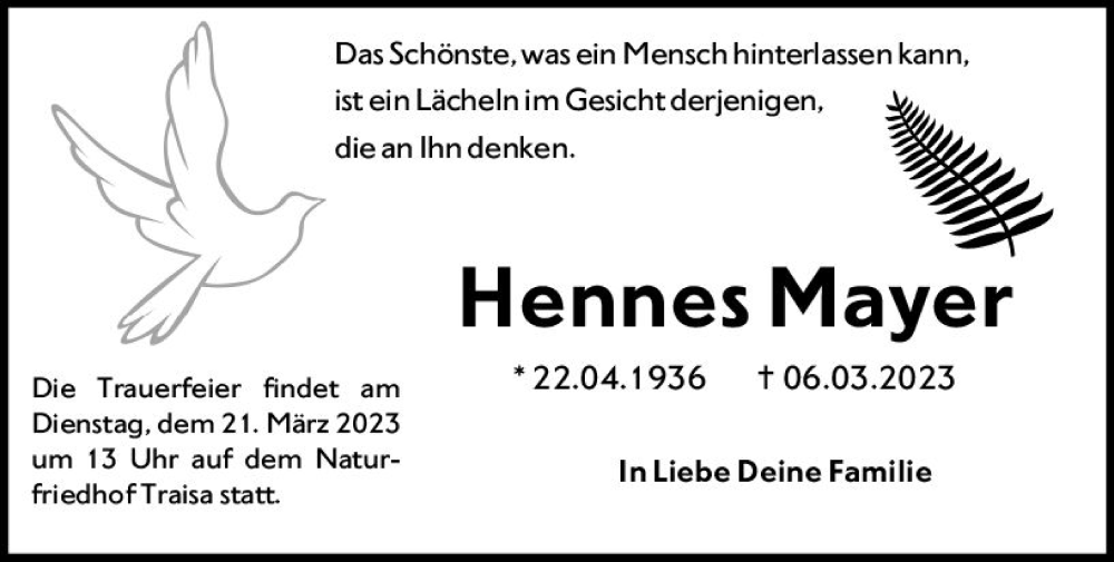  Traueranzeige für Hennes Mayer vom 11.03.2023 aus Darmstädter Echo