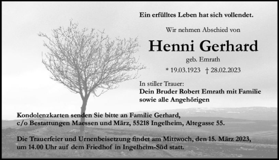 Traueranzeige von Henni Gerhard von Allgemeine Zeitung Bingen/Ingelheim