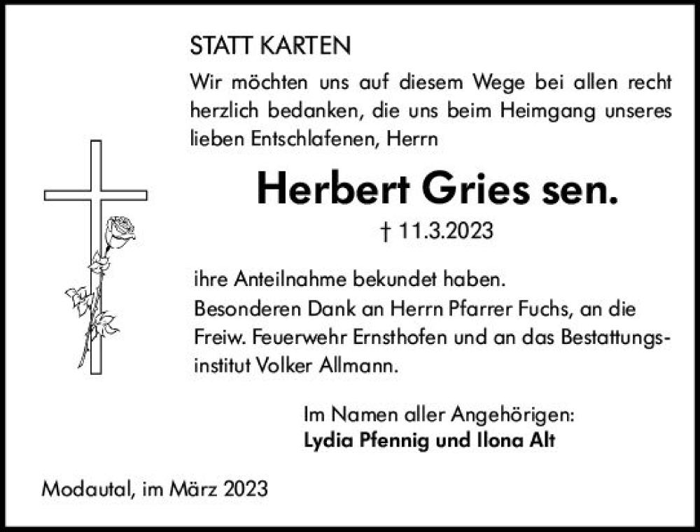  Traueranzeige für Herbert Gries vom 01.04.2023 aus Darmstädter Echo