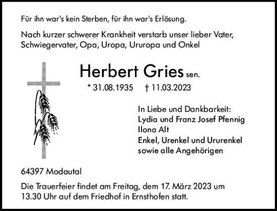 Traueranzeige von Herbert Gries von Darmstädter Echo