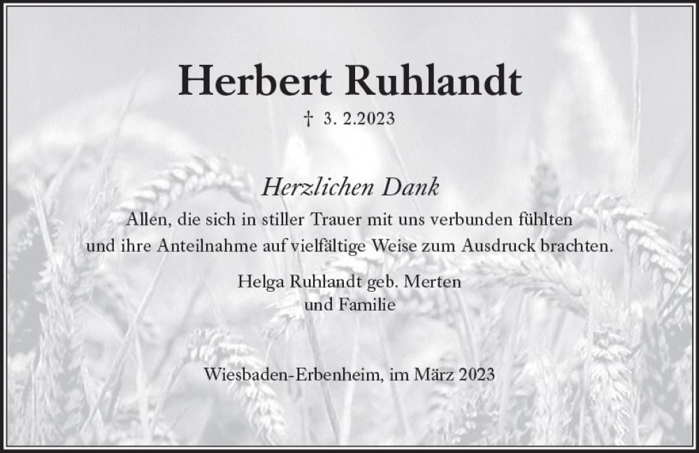  Traueranzeige für Herbert Ruhlandt vom 04.03.2023 aus Wiesbadener Kurier