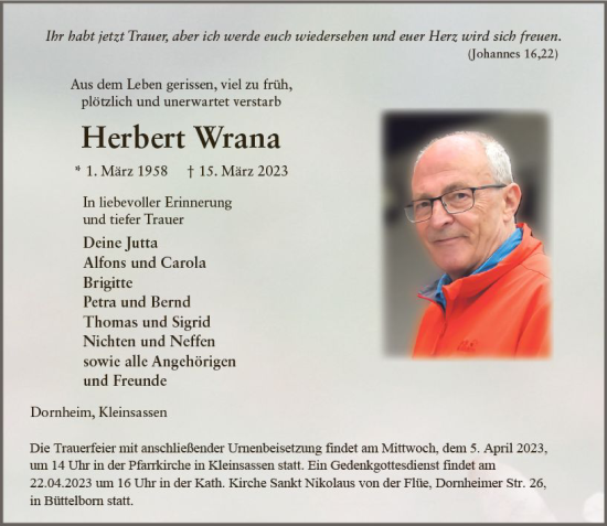 Traueranzeige von Herbert Wrana von Groß-Gerauer Echo