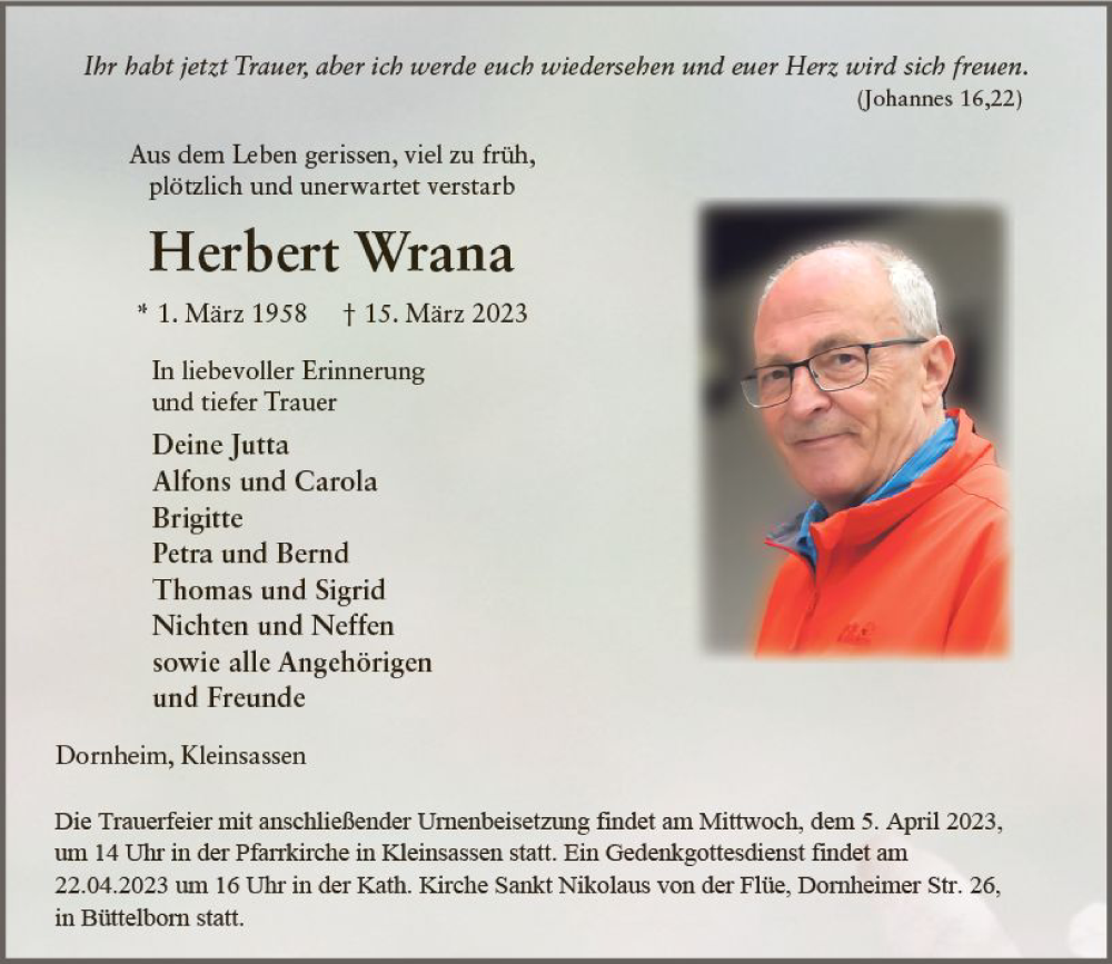  Traueranzeige für Herbert Wrana vom 01.04.2023 aus Groß-Gerauer Echo