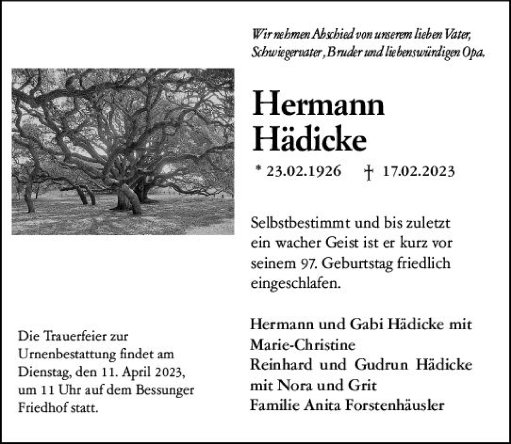  Traueranzeige für Hermann Hädicke vom 01.04.2023 aus Darmstädter Echo