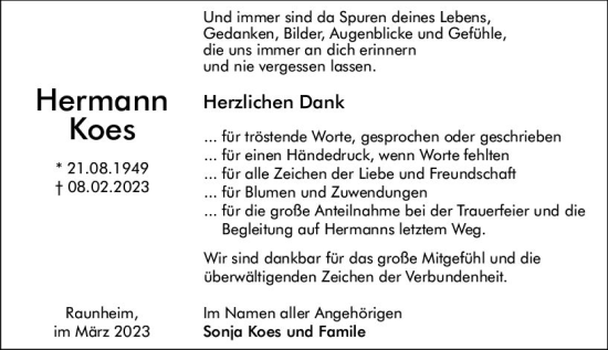 Traueranzeige von Hermann Koes von Rüsselsheimer Echo