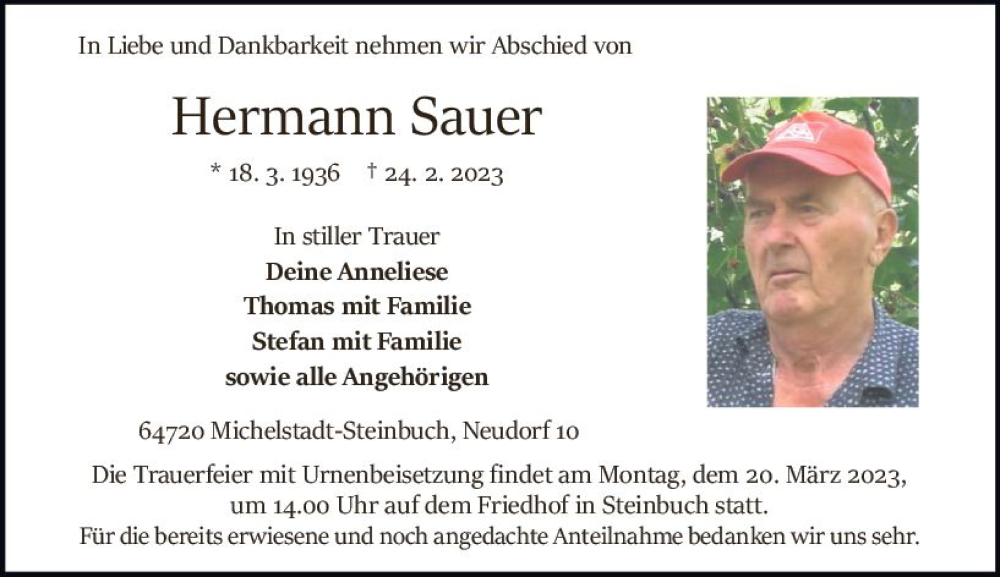  Traueranzeige für Hermann Sauer vom 11.03.2023 aus Odenwälder Echo