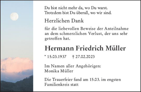 Traueranzeige von Hermann Friedrich Müller von Darmstädter Echo
