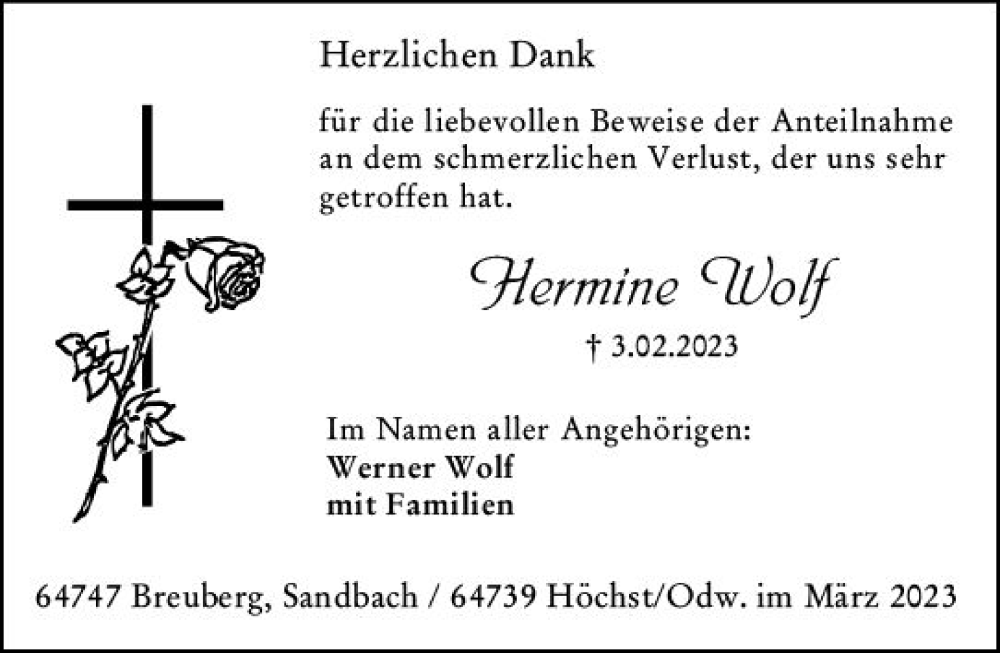 Traueranzeige für Hermine Wolf vom 04.03.2023 aus Odenwälder Echo
