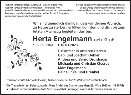 Traueranzeige von Herta Engelmann von Idsteiner Land/Untertaunus
