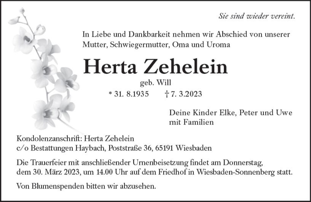  Traueranzeige für Herta Zehelein vom 18.03.2023 aus Wiesbadener Kurier