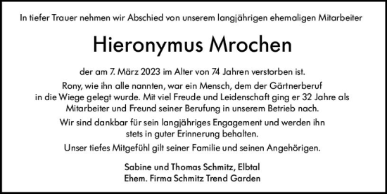 Traueranzeige von Hieronymus Mrochen von Nassauische Neue Presse
