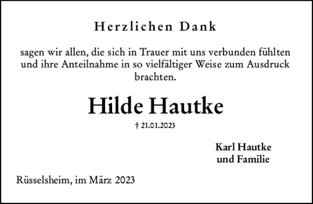  Traueranzeige für Hilde Hautke vom 04.03.2023 aus Rüsselsheimer Echo