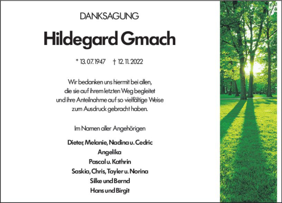 Traueranzeige von Hildegard Gmach von Allgemeine Zeitung Mainz