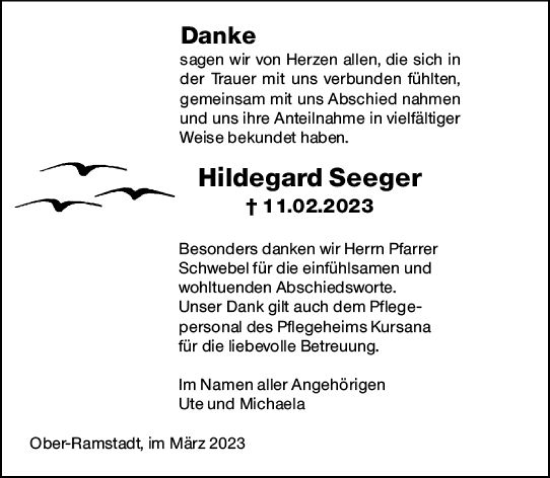 Traueranzeige von Hildegard Seeger von Darmstädter Echo