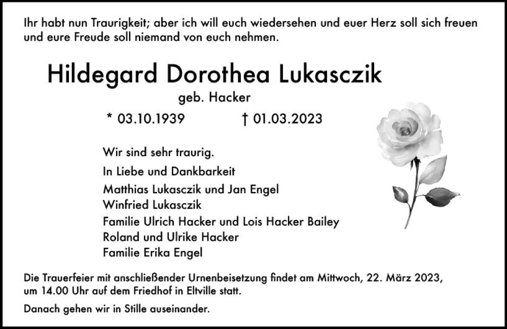  Traueranzeige für Hildegard Dorothea Lukasczik vom 11.03.2023 aus Wiesbadener Kurier