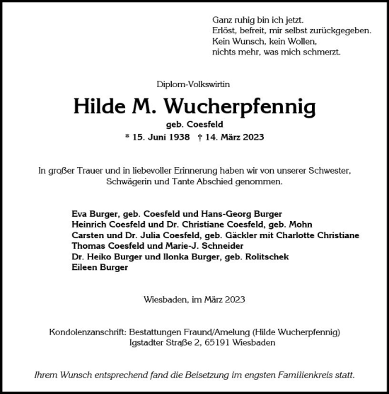 Traueranzeige von Hilde M. Wucherpfennig von Wiesbadener Kurier