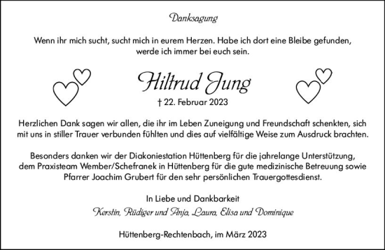 Traueranzeige von Hiltrud Jung von Wetzlarer Neue Zeitung