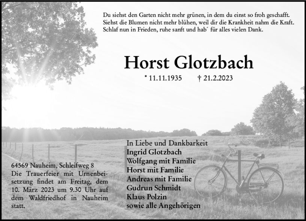  Traueranzeige für Horst Glotzbach vom 04.03.2023 aus Rüsselsheimer Echo