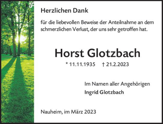 Traueranzeige von Horst Glotzbach von Rüsselsheimer Echo