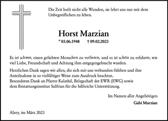 Traueranzeige von Horst Marzian von Allgemeine Zeitung Alzey