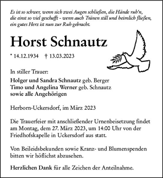 Traueranzeige von Horst Schnautz von Dill Block