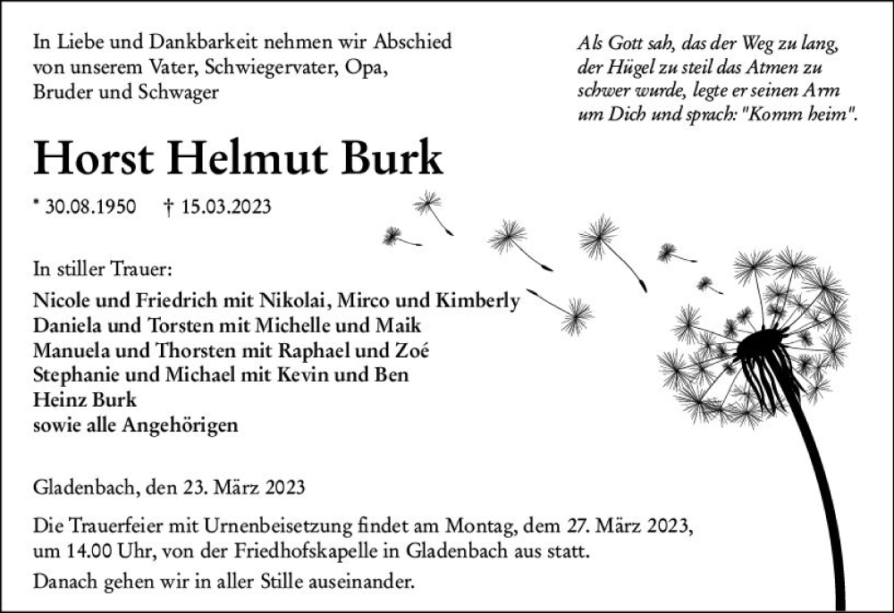  Traueranzeige für Horst Helmut Burk vom 23.03.2023 aus Hinterländer Anzeiger