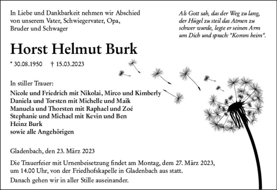 Traueranzeige von Horst Helmut Burk von Hinterländer Anzeiger