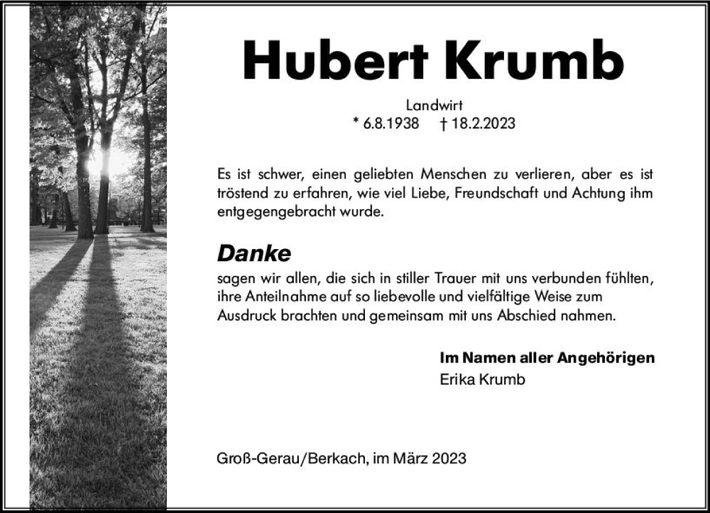  Traueranzeige für Hubert Krumb vom 25.03.2023 aus Groß-Gerauer Echo