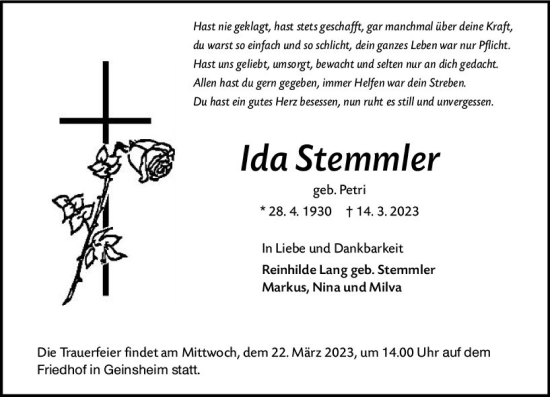 Traueranzeige von Ida Stemmler von Groß-Gerauer Echo