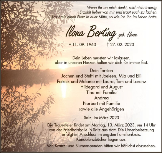 Traueranzeige von Ilona Berting von VRM Trauer