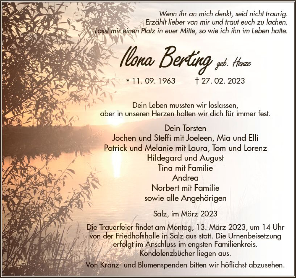  Traueranzeige für Ilona Berting vom 08.03.2023 aus VRM Trauer