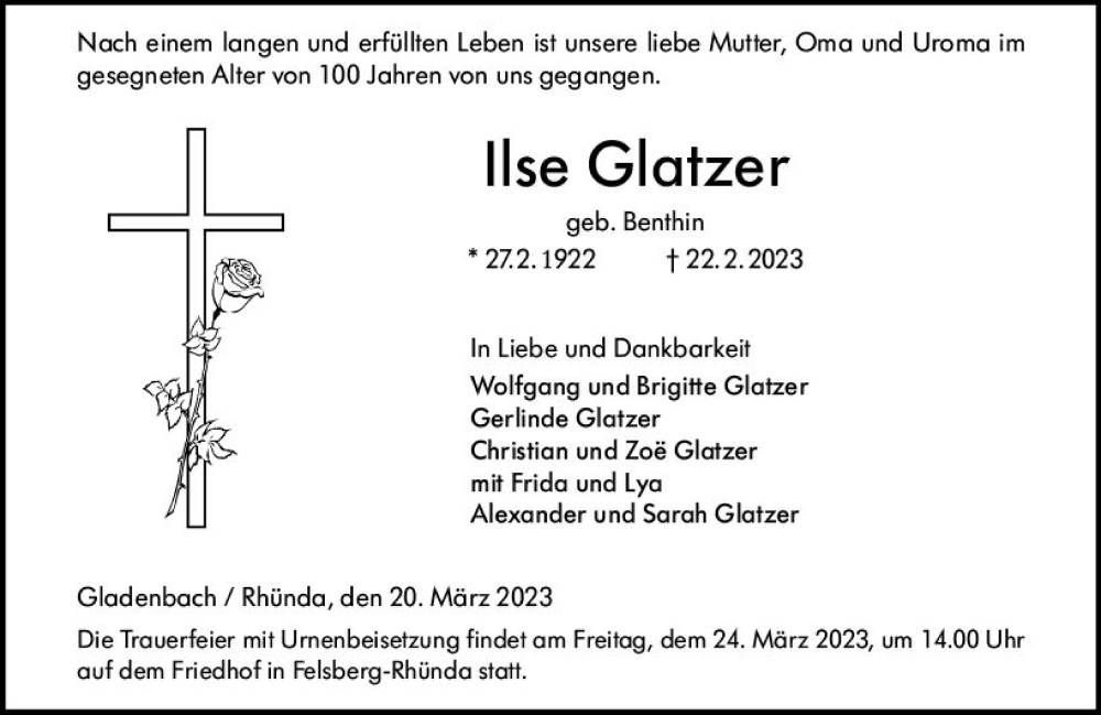  Traueranzeige für Ilse Glatzer vom 18.03.2023 aus Hinterländer Anzeiger