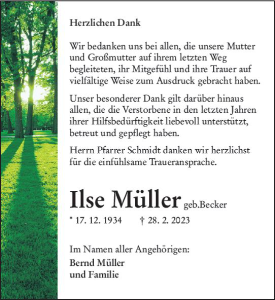 Traueranzeige von Ilse Müller von Hinterländer Anzeiger